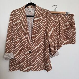 Linen Blend Blazer Shorts Suit Set Brown Zebra Natural Comfort Size M